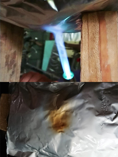 アクアレイヤーをガスバーナーの炎で直に炙り（3分間）続けても表面が変色していますが水漏れは起こしません